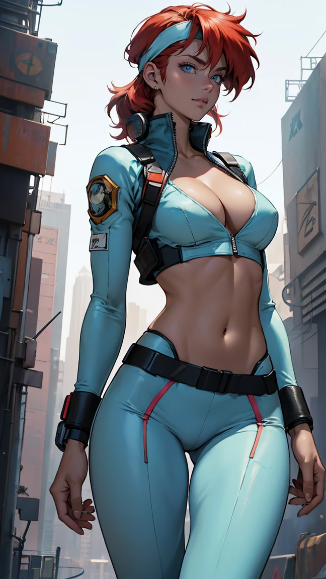 ((Masterpiece, highest quality; 1.3)), super quality, beautiful detail, super detailed, extra fine, 16K, exquisite, absurd, high resolution, beautiful background, detailed background, beautiful eyes, beautiful skin, anime style, Kay from Dirty Pair in a white outfit, tight outfit, cleavage, bushy redhead beauty, very light blue uniform, wearing tight clothes, skimpy, (mid chest: 1.2), cleavage, cleavage, slim waist , thin waist, slim thighs, thin legs, slim legs. thigh gap, showing stomach, skinny, thin hips, cyberpunk city background, holding retro space gun , headband,