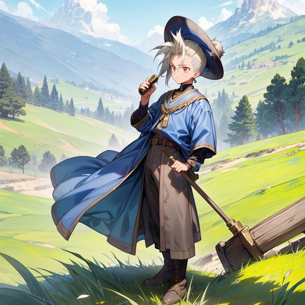 1boy, Full body version, 1character, gold eyes, tan skin, mohawk hairstyle, round eyes type, gold colour hair, blue cowboy hat, Renaissance clothing, gray color clothing, Ancient Roman boots, (hammer in hand), Grassroots background in mountain fields