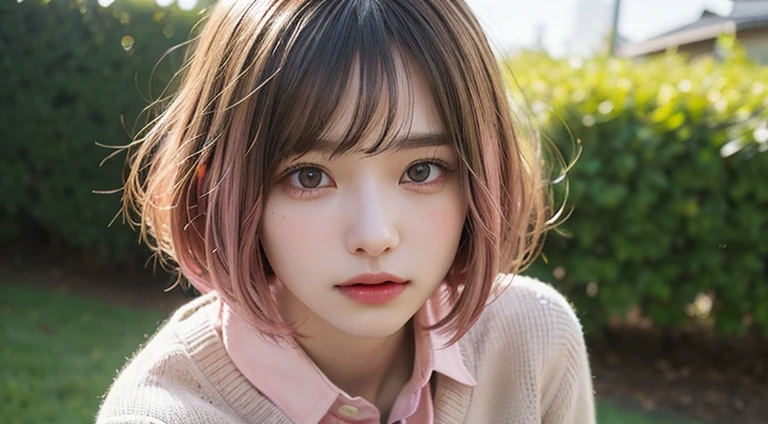 (Bob Cut Hair, Pink Hair:1.2),(Wear a cardigan over a collared shirt:1.2),1 girl,Japanese,21 years old,(Small breasts:1.3),(Highest quality,masterpiece:1.3,超A high resolution,),(Ultra-detailed,Caustics),(Photorealistic:1.4,RAW shooting,)Ultra-Realistic Capture,Very detailed,High resolution 16K human skin close-up。 Natural skin texture、,Pores、、It needs to be detailed enough to be easily identifiable。 Skin should be even-toned and healthy looking。 Use natural light and colour, Sad expression, Looking at the camera, Perfect dynamic composition, Outdoor
