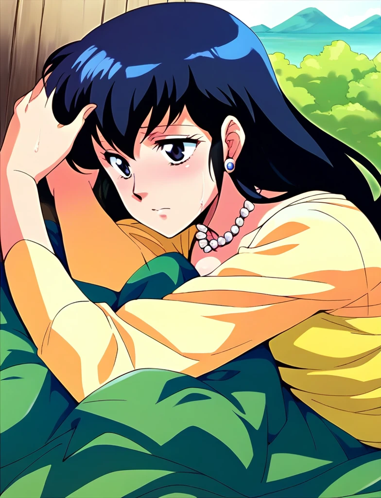 kyoko,score_9,score_8_upper,score_7_upper,sauce_アニメ,One girl,alone,View your viewers,soaked,downpour,in the forest,Black garter belt,Lying down,Sad face,:d,arms_behind_return,black ガーターベルト、Pearl Necklace、何も着ていない、パンティ、