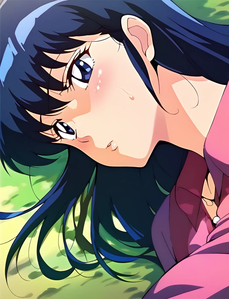 kyoko,score_9,score_8_upper,score_7_upper,sauce_アニメ,One girl,alone,View your viewers,soaked,downpour,in the forest,Black garter belt,Lying down,Sad face,:d,arms_behind_return,black ガーターベルト、Pearl Necklace、何も着ていない、パンティ、