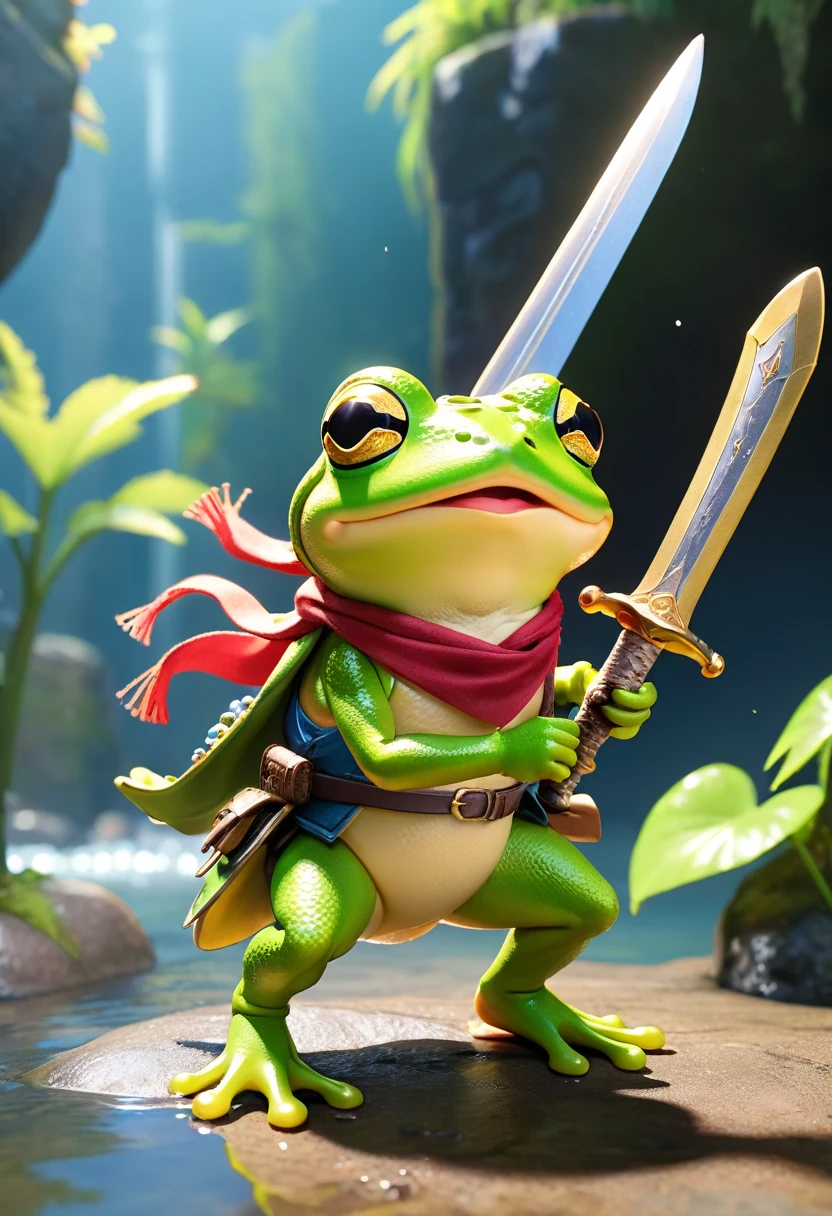 Esbian all over、Cool Frog、Pop Frog、Diorama、Simple Background、bandana、Holding a big sword in his hand、Brave、Best Quality, Capture the cutest moments, Depth of written boundary, Super detailed, Ultra-high resolution, Octadale, 8k, 16km race
