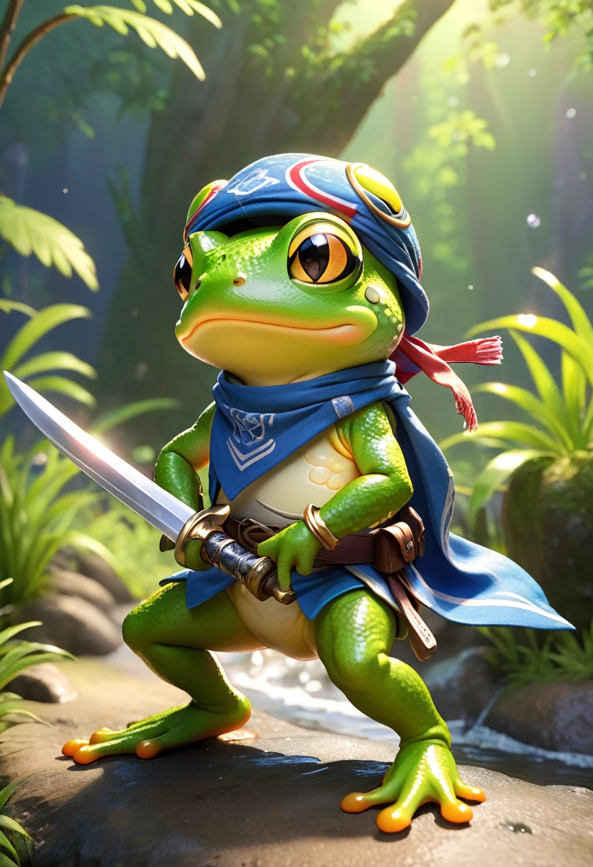 Esbian all over、Cool Frog、Pop Frog、Diorama、Simple Background、bandana、Holding a big sword in his hand、Brave、Best Quality, Capture the cutest moments, Depth of written boundary, Super detailed, Ultra-high resolution, Octadale, 8k, 16km race