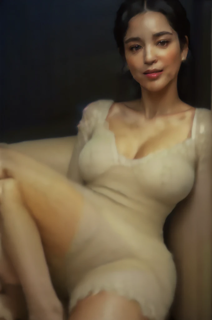(((Ultimate Photorealistic, ultimate high-quality 32k photo))),(((American-shot photo taken from the front, looking at viewer seriously ))),(((( Seductive pose, 7 heads、Staring Intently :1.8)))),(((She has the perfect proportions of a goddess ,she is wearing a half sleeves matte dark beige classic elegant Transparent lace fabric very lacy one piece semi–long dress that fits her perfectly,Wide open V-neck, She is looking straight at the camera with a very shy look on her face.。light makeup、elegant black wet middle bob。An elegant and simple beige very thin choker.:1.4)))。((Highest quality)), ((masterpiece)), (((detailed))), (((midnight ,Modern hotel bar on a dark pouring stormy night, Sitting with Knees Up on sofa , open legs, showing groin parts for viewer clearly, very Low Key Lighting:1.9)))、(((A very beautiful, extremely elegant and intelligent 42 year old Japanese woman。A feminine, curvaceous body。Beautiful line from hips to thighs、Extremely beautiful legs and calves、The cleavage, thighs and groin parts are extremely visible.、An extremely elegant, calm and modest smile, My eyes are extremely watery、Extremely lustful、embarrassed ,blush, Curvy Body、Extremely realistic, detailed and beautiful depiction of face, décolletage, thighs and groin parts,Beautiful knees,Ultra-realistic skin texture of Japanese women:1.9)))、(((The skin is white and very soft。A very hot rainy summer night、I'm pretty sweaty、Her underwear and clothes are quite see-through、When wet, it sticks tightly to the skin, revealing the beautiful lines of the body.、Skin and groin are clearly visible through the extremely thin fabric:1.9)))。((Healthy Body、The line of the chest, collarbone and extremely beautiful and feminine décolleté are the ultimate beauty.:1.9))。(((large&good hips、large&nice chests )))