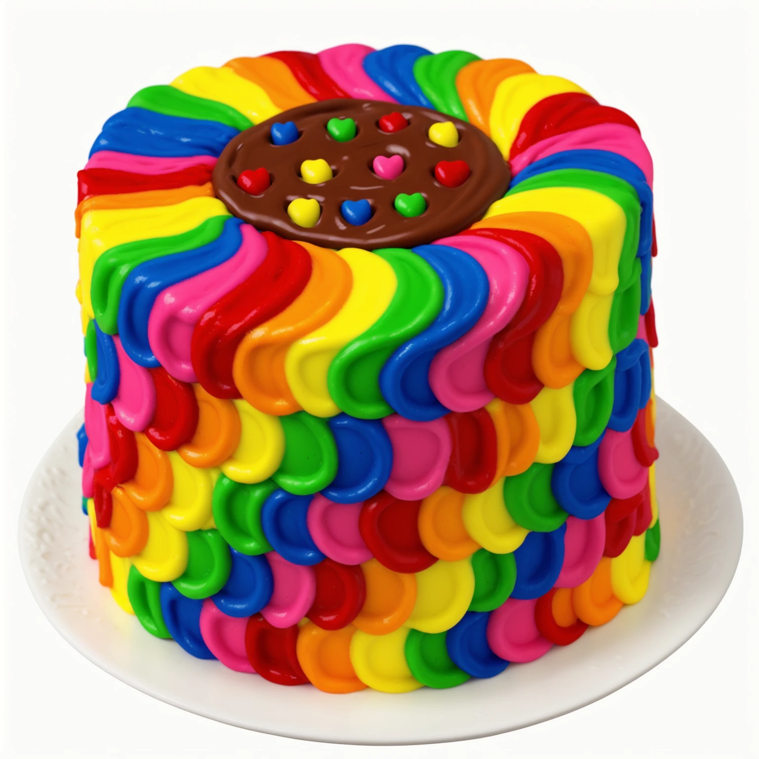 White Plate. rainbow cream cake. smears of cream in a checkerboard pattern, hole with chocolate drips on top, ((cream highlights)), on a white background, Multiple light sources, beautiful sunlight, Bright light source, bright lighting, beautiful light sources, Multiple light sources, Realistic style , realistic texture, detailed texture, A high resolution, high quality, macro photography