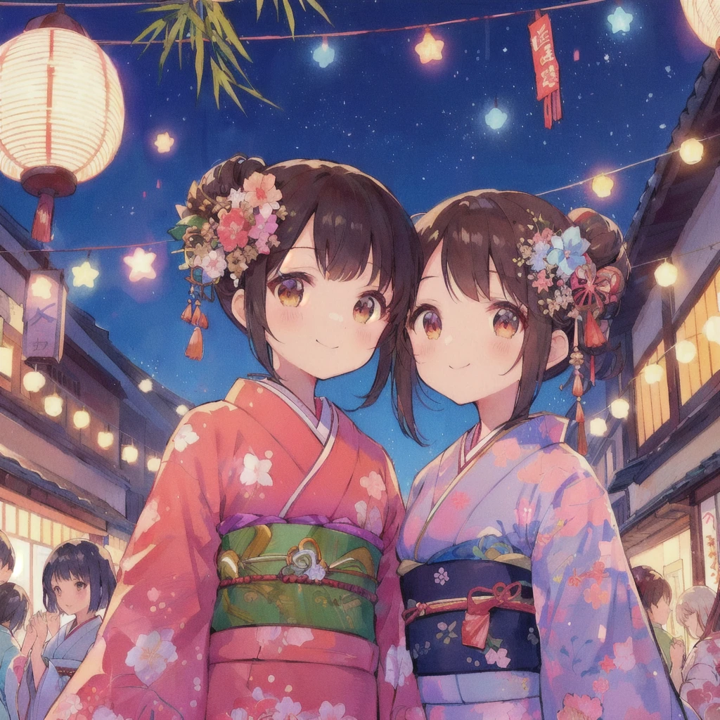 Anime couple in kimonos standing on a street at night, smile,Tanabata Festival,Bamboo leaves on top,Japanese art style, Cute art style, Anime-style illustrations, Two beautiful anime girls, Cute Japanese style, 80s anime style,Lofi, In a Japanese town at night, Summer Festival Night, Traditional Japanese concept art, In kimono, pixiv Contest Winner, Anime Moe Art Style, Anime Style 4k