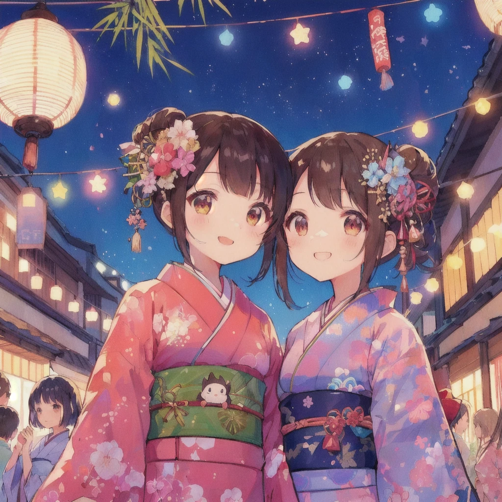 Anime couple in kimonos standing on a street at night, smile,Tanabata Festival,Bamboo leaves on top,Japanese art style, Cute art style, Anime-style illustrations, Two beautiful anime girls, Cute Japanese style, 80s anime style,Lofi, In a Japanese town at night, Summer Festival Night, Traditional Japanese concept art, In kimono, pixiv Contest Winner, Anime Moe Art Style, Anime Style 4k