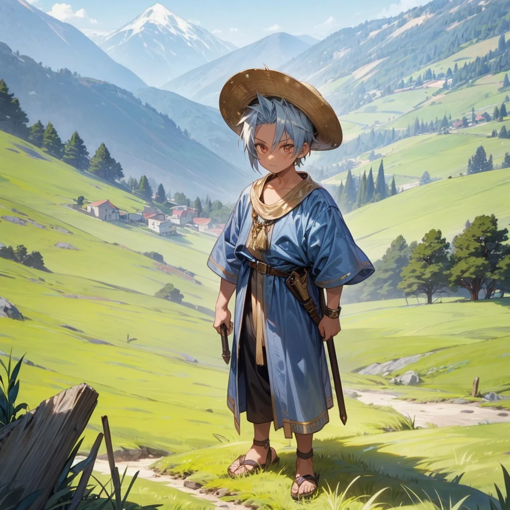 1little boy, Full body version, 1character, gold eyes, tan skin, mohawk hairstyle, round eyes type, gold colour hair, blue cowboy hat, Renaissance clothing, gray color clothing, Ancient Roman sandals, hammer in hand, Grassroots background in mountain fields