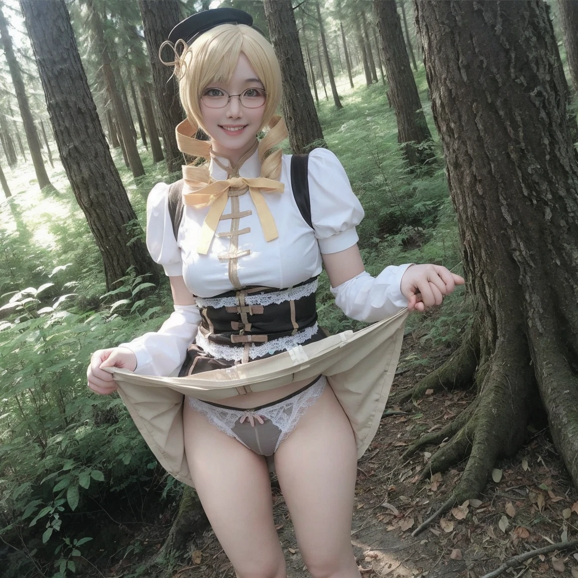 1 person、Slender woman with glasses、Looks young、Show your underwear、Sheer lace underwear、Mami Tomoe Cosplay、smile、forest、Are standing