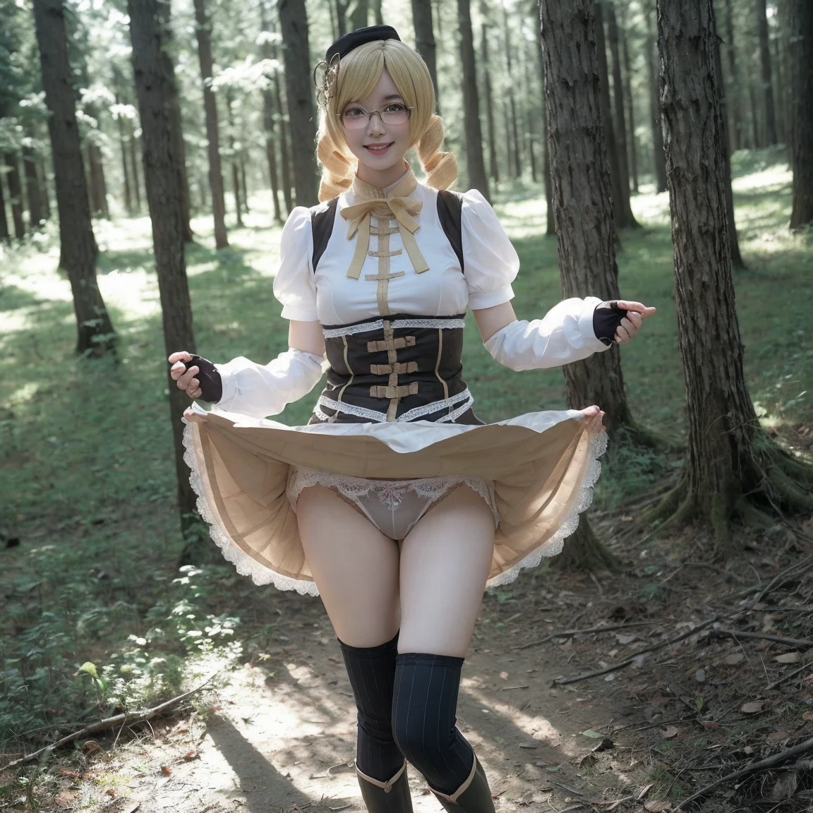 1 person、Slender woman with glasses、Looks young、Show your underwear、Sheer lace underwear、Mami Tomoe Cosplay、smile、forest、Are standing
