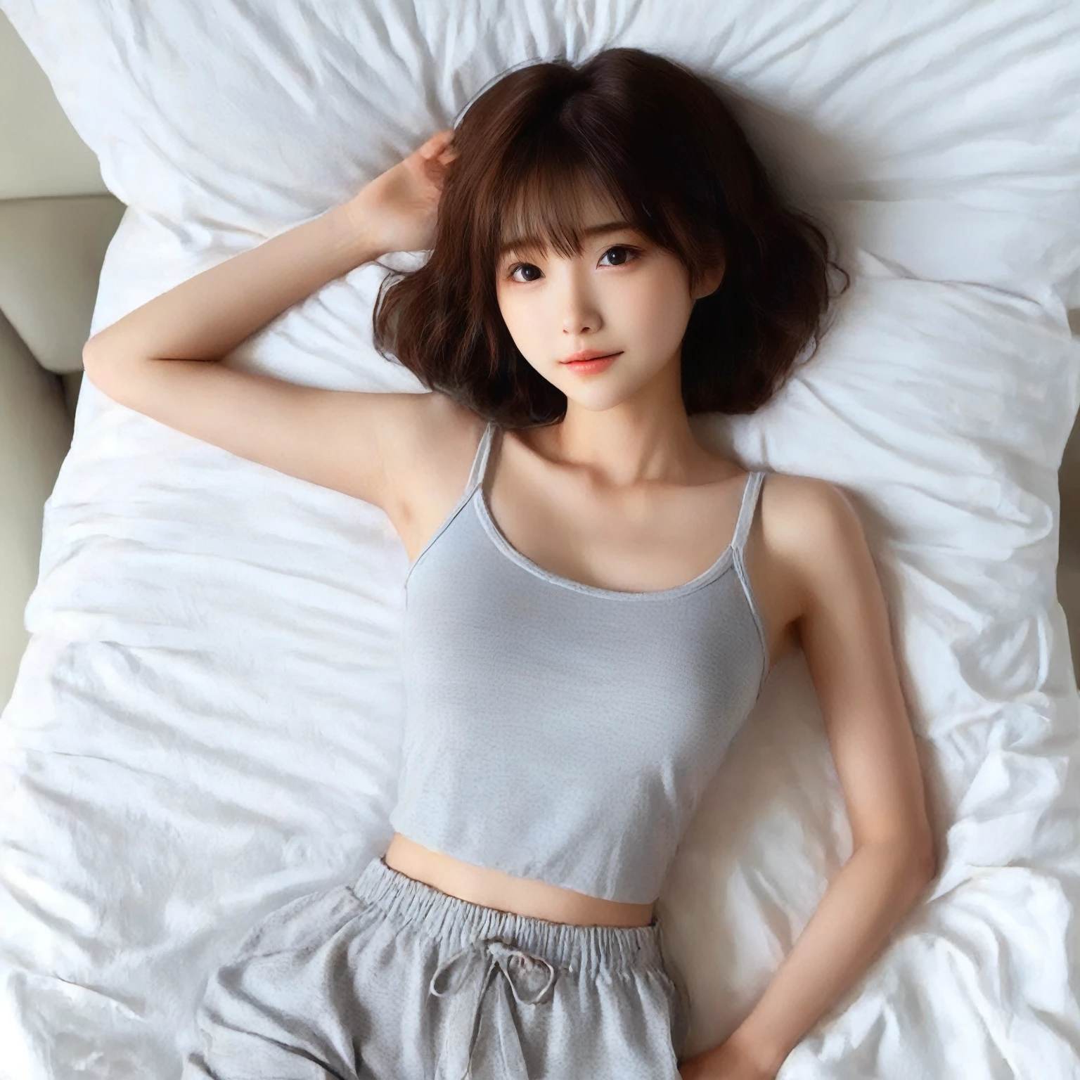 japanese girl, lying on the bed, (wearing a white tank-top and simple cotton shorts:2),(photoshoot style, shooting from front, upper knee statue, body facing forward), 26 years old, (toned body type:1.2, tall height 5.35 feet), (small breast :1.2, hemispherical udder silhouette:1.2), little smiling, perorbital swelling, brown fluffy and wavy short-cut hair, natural bangs, detailed brown eyes, detailed finger, suppin, no make, (photorealsitic:1.4), (high-resolution details of human skin texture:1.2, rough skin:1.2, Uneven skin tone:1.6, skin texture must be natural:1.1), top-quality, ​masterpiece, high resolution, raw photo, natural soft light, professional lighting