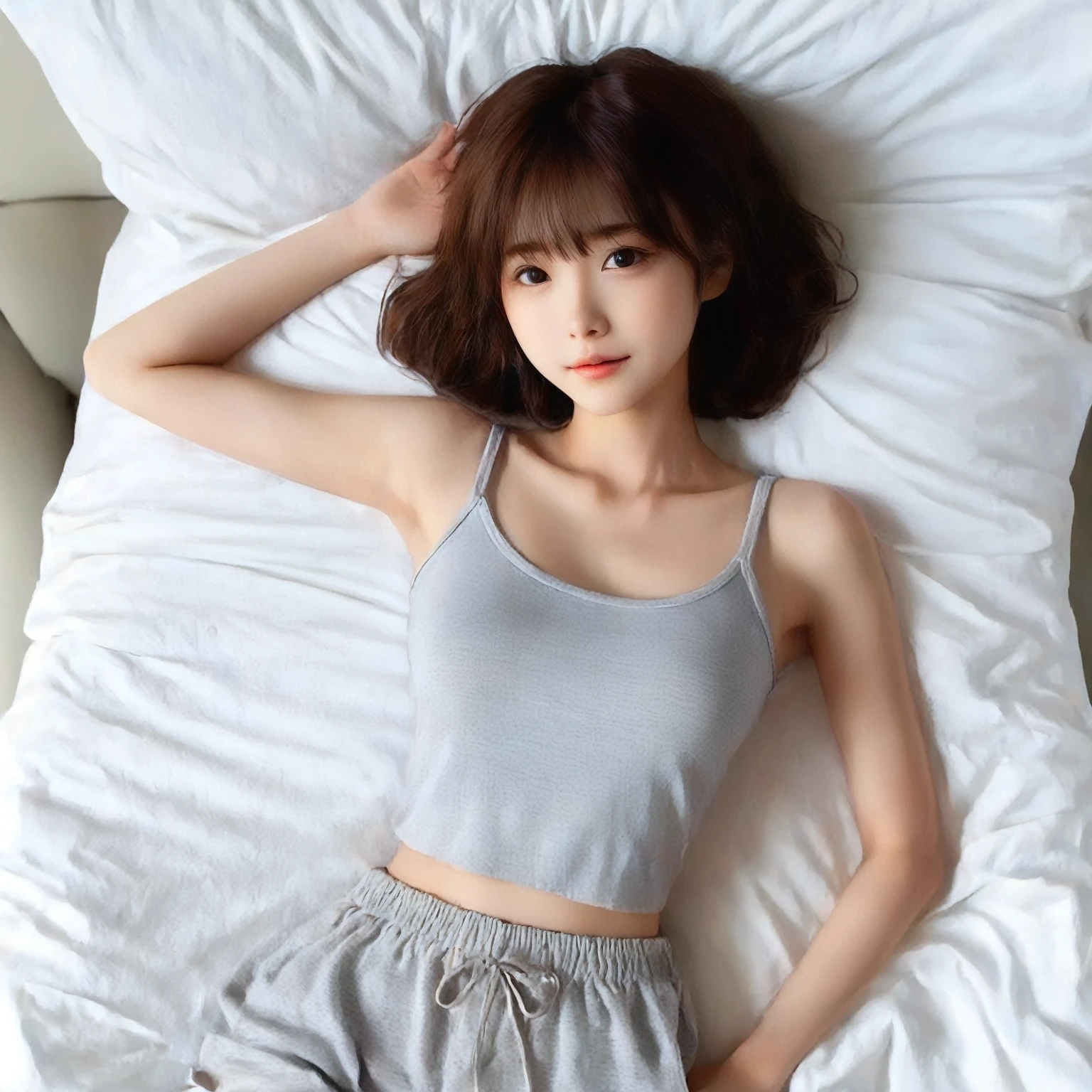 japanese girl, lying on the bed, (wearing a white tank-top and simple cotton shorts:2),(photoshoot style, shooting from front, upper knee statue, body facing forward), 26 years old, (toned body type:1.2, tall height 5.35 feet), (small breast :1.2, hemispherical udder silhouette:1.2), little smiling, perorbital swelling, brown fluffy and wavy short-cut hair, natural bangs, detailed brown eyes, detailed finger, suppin, no make, (photorealsitic:1.4), (high-resolution details of human skin texture:1.2, rough skin:1.2, Uneven skin tone:1.6, skin texture must be natural:1.1), top-quality, ​masterpiece, high resolution, raw photo, natural soft light, professional lighting