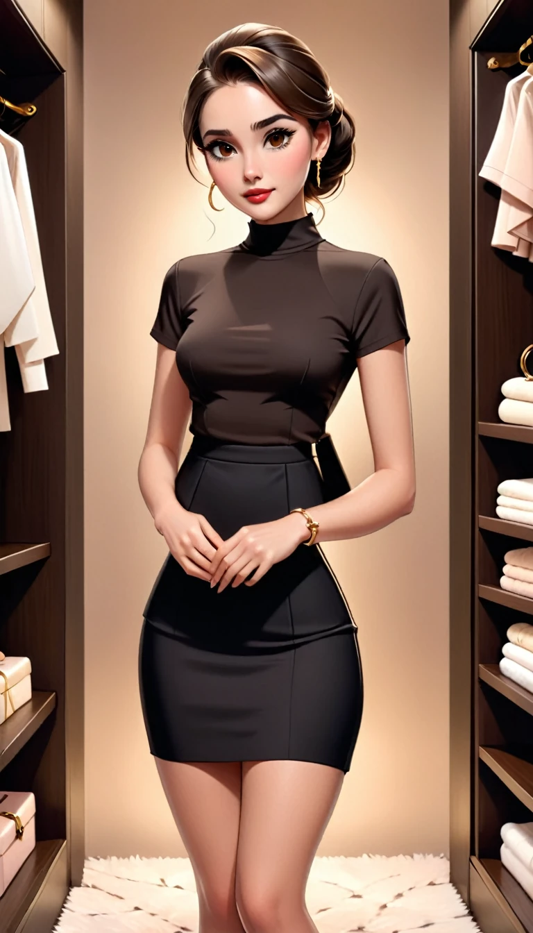 Beautiful woman with mid straight ponytail brown hair with brown eyes wearing Black Tight Skirt, Beige Sexy Mock Neck Short Sleeves Blouse,18k gold wedding ring on left hand, standing with cross-legged in her closet at night, (caucasian skin), (light brown lipstick), (elegant mascara), (slim body), (small breasts), (wide hips), midjourney, <lora:GoodHands-, <lora:GoodLegs-, UHD, high resolution, (expressive eyes, perfect face, full body, expressive face, perfect body, perfect pussy, athletic, fit, slim body, blushing, Perfect makeup, eyeliner, beautiful eyelashes, smiling, horny face), ((best illumination, best shadows)), ((sexy pose))