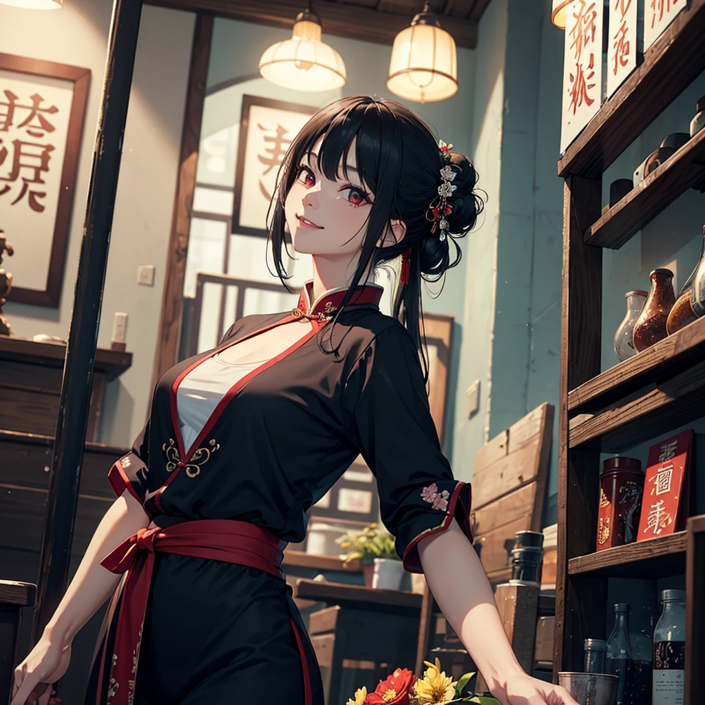 (top-quality、8K、32K、​masterpiece、UHD、ighly detailed:1.2)、Retrospective gaze、Full body, Chinese Restaurant、Carry disheeauitful face、blurry backround、20-year-old beauty、shinny skin、black color hair、long-hair、Double bun、red eyes、Chinese clothing、Floral hair ornament、miscievous smile、thighs thighs thighs thighs、