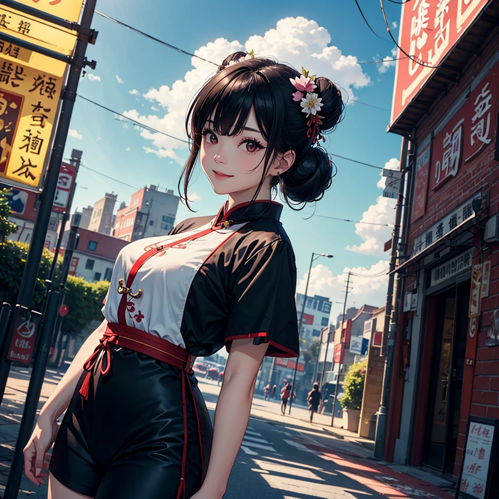 (top-quality、8K、32K、masterpiece、UHD、ighly detailed:1.2)、Retrospective gaze、Full body, Chinese Restaurant、Carry disheeauitful face、blurry backround、20-year-old beauty、shinny skin、black color hair、long-hair、Double bun、red eyes、Chinese clothing、Floral hair ornament、miscievous smile、thighs thighs thighs thighs、