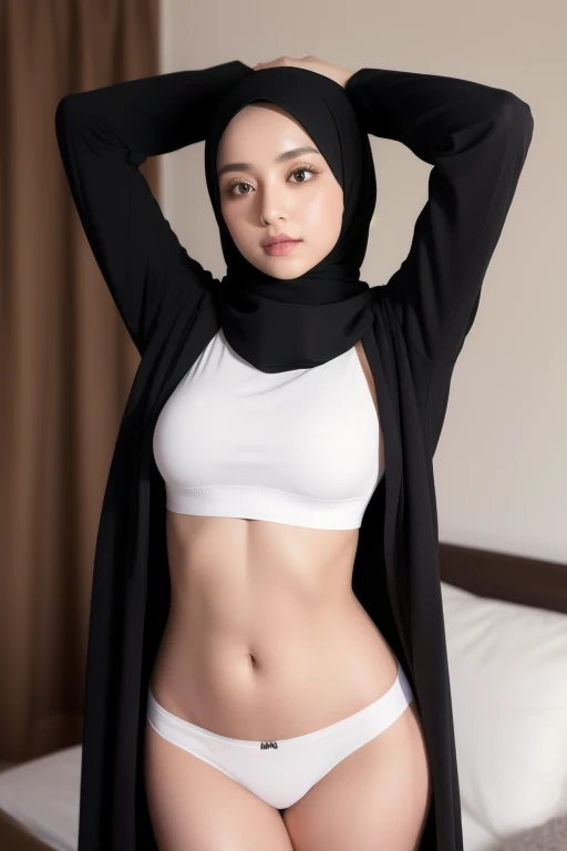 a girl wearing black hijab at home.. wearing white long sleeves oversize crop top... wearing g string underwear only.. no pants.. she was standing straight.. her hands above her head.. soft stomach.. less lighting