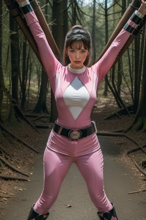 pink theme,pink ranger suit、curvy, big breats, screaming, eyes are closed tightly, full body, tied on Saint Andrew's cross in X position