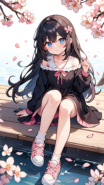 one girl,black long hair,blue eyes,black cherry blossom dress,white socks,pink sneakers,cherry petal hairpin