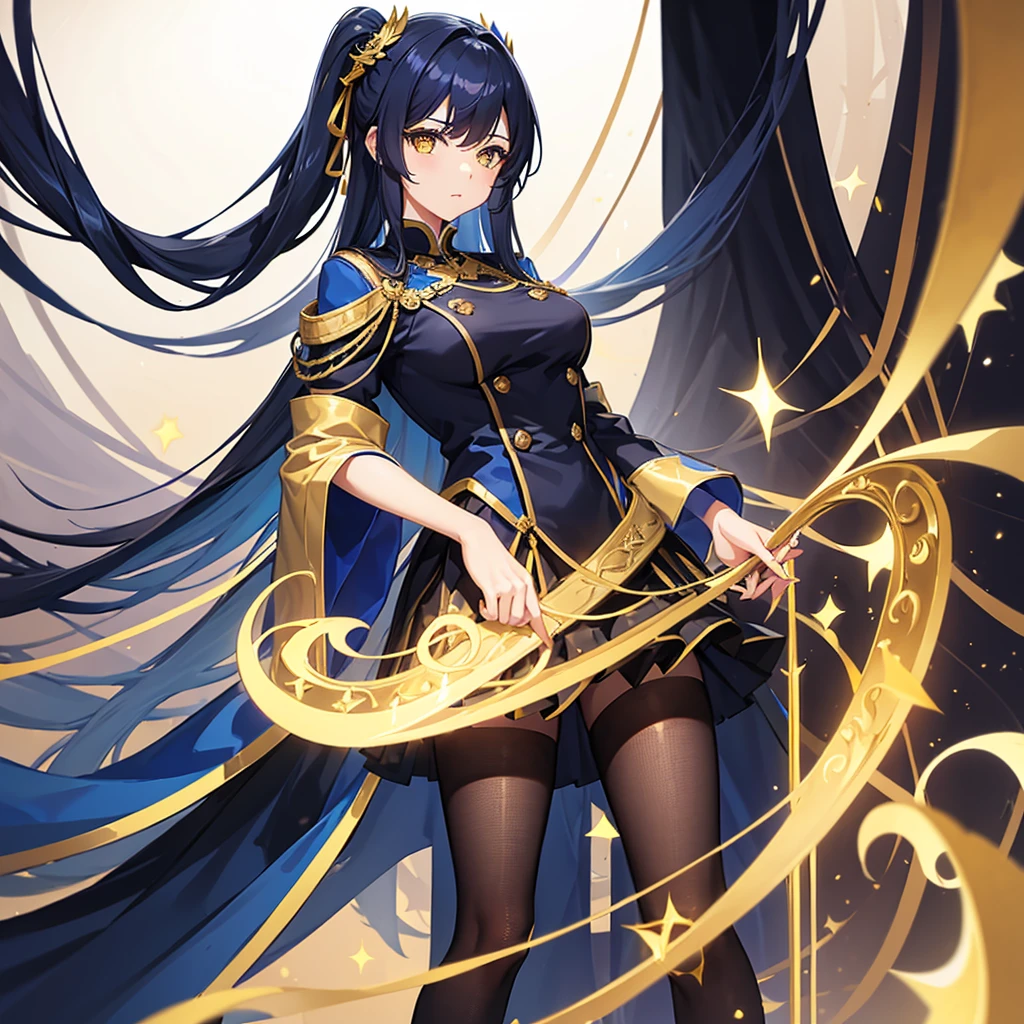 A girl with long hair in royal blue with gold mesh。
Golden Eyes。
Uniform-like clothing with a black base and royal blue accents。
It feels like a skirt。
Wearing black knee socks。