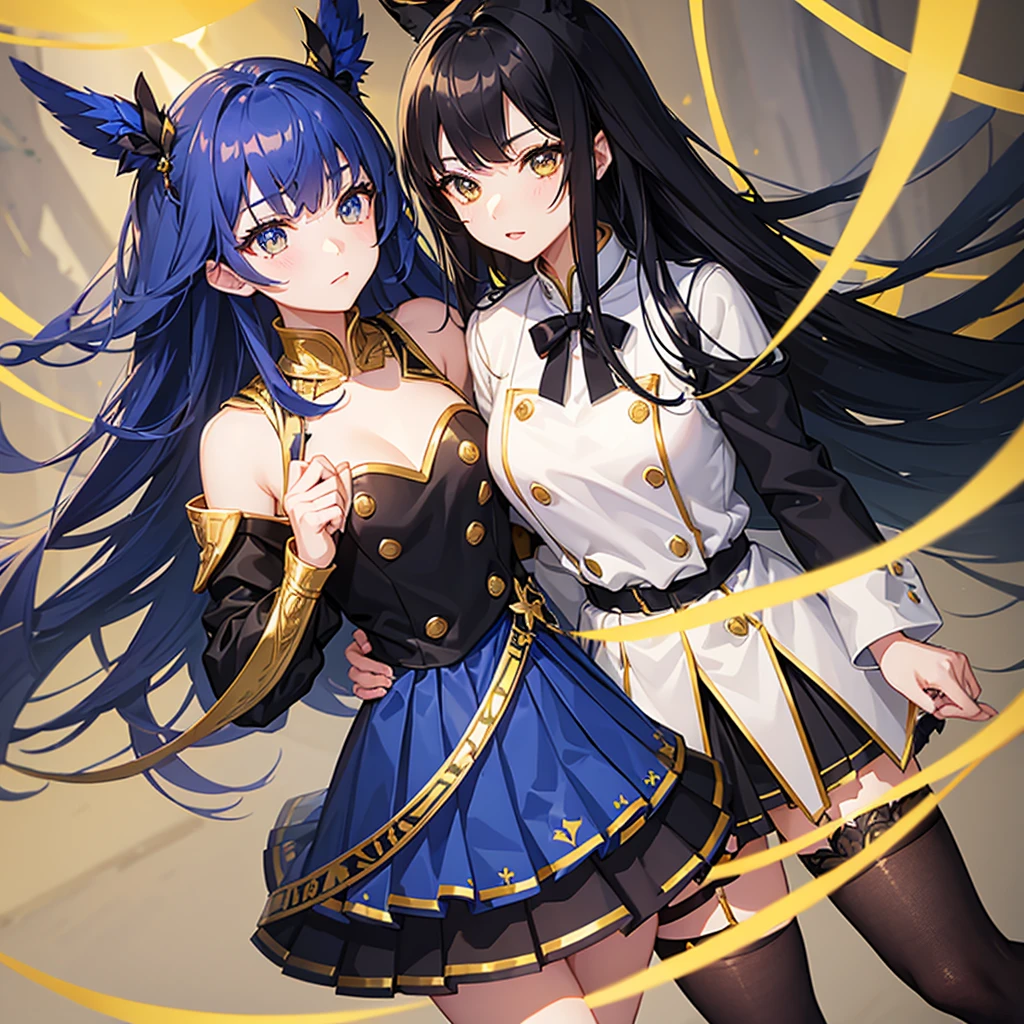 A girl with long hair in royal blue with gold mesh。
Golden Eyes。
Uniform-like clothing with a black base and royal blue accents。
It feels like a skirt。
Wearing black knee socks。