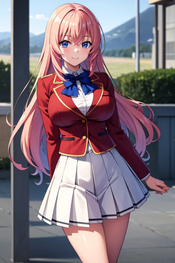 (masterpiece:1.3), (best quality:1.1), (8k, ultra detailed, ultra high res:1.2), ((anime style)), perfect 5 fingers, perfect anatomy, 
1girl,
Ichinose honami \(youjitsu\),
long hair, 
pink hair, 
blue eyes, round eyes, tareme, 
blue bow, 
(large breasts:0.9), 
red jacket, long sleeves, white skirt, pleated skirt, black calf socks, 
looking at viewer, 
cowboy shot, 
smile, (arm behind back), 
BREAK standing, perfect light, outside, outdoors, school gate, 