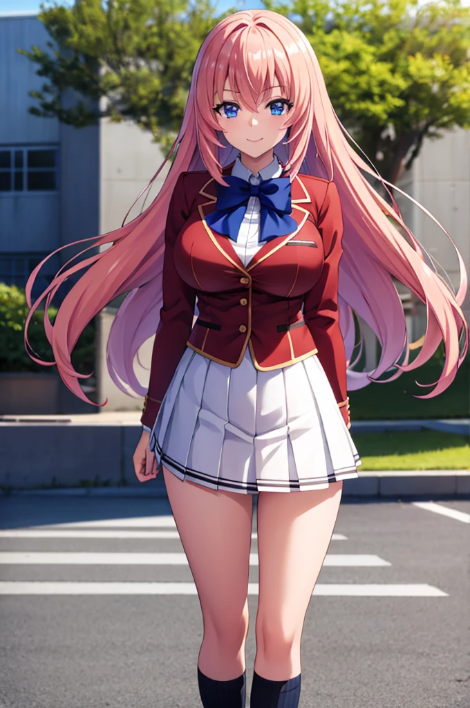 (masterpiece:1.3), (best quality:1.1), (8k, ultra detailed, ultra high res:1.2), ((anime style)), perfect 5 fingers, perfect anatomy,
1girl,
Ichinose honami \(youjitsu\),
long hair,
pink hair,
blue eyes, round eyes, tareme,
blue bow,
(large breasts:0.9),
red jacket, long sleeves, white skirt, pleated skirt, black calf socks,
looking at viewer,
cowboy shot,
smile, (arm behind back),
BREAK standing, perfect light, outside, outdoors, school gate,