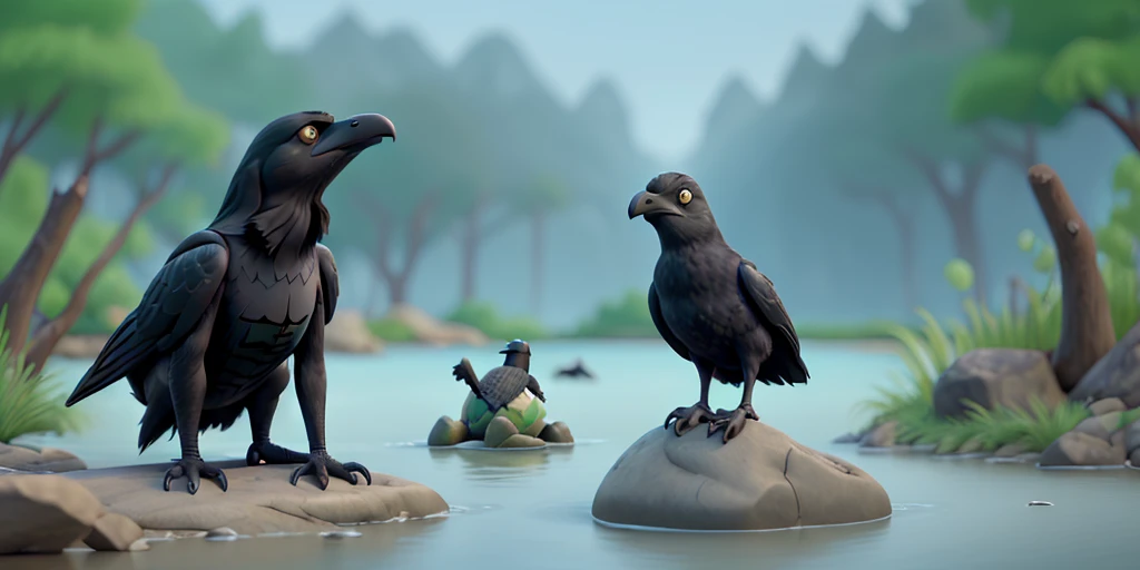 A black crow talking to a turtle near the river 8k