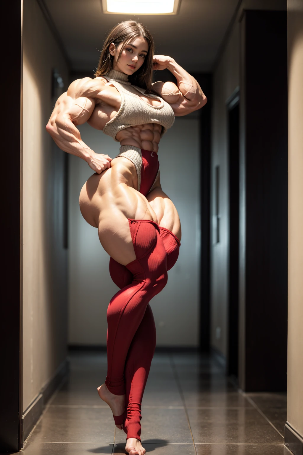 (Muscular:1.8), (thick extremely muscular legs muscles:2.2), (large round breasts:1.4), (large muscular chest and shoulders:1.1), FEMALE, brown hair, long brown hair, (big smile:1), (wearing tight sweater and leggings:1.5), looking at viewer, (three quarter view:1.3), upper body view, (hallway:1.5), (dark lighting:1.8), detailed skin, detailed eyes, (clean skin:1.5), (very thin waist:1.3), (huge body muscles:1.7), (one protagonist:1.5), (pose:1.6), (tall:1.6)