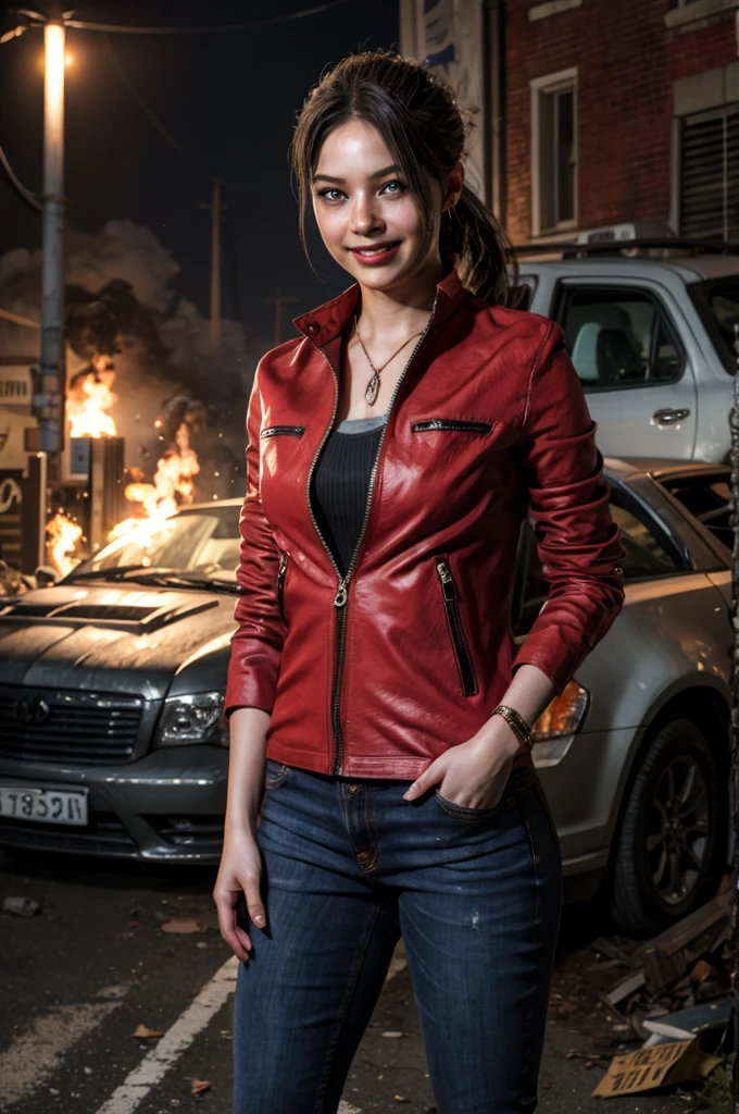 1girl, (realistic),(hyperrealism),(best quality),(masterpiece),(ultra high res),(photorealistic),idol,eye makeup,detailed eyes,detailed face,black dress, claireredfield2, brown hair, (red jacket:1.2), ponytail, (denim pants:1.3),, red wristband,, abandoned street, burning cars in background, littered street, smoke, chaos, zombie apocalypse, daytime, sunny,, hands in pocket, looking at viewer, smiling, closeup shot