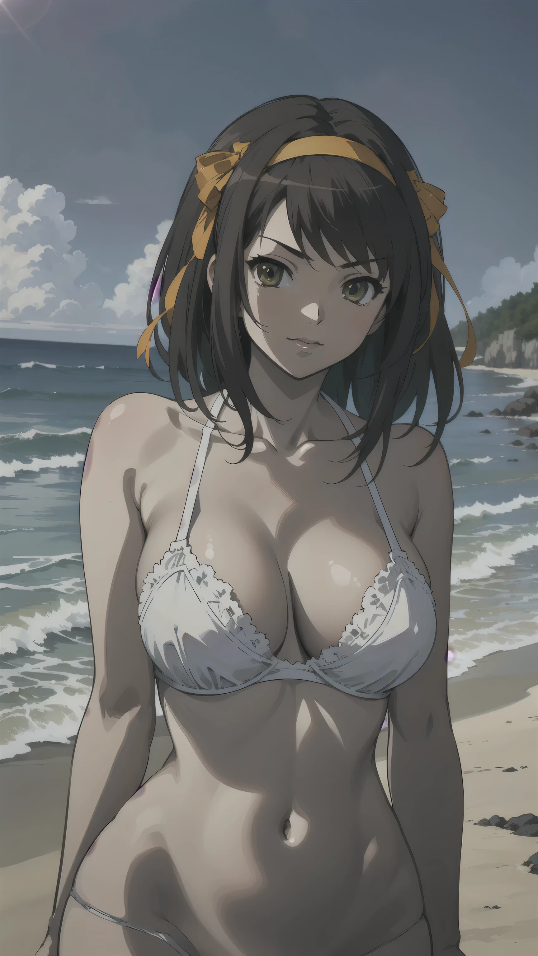 (A superb exquisite haruhi suzumiya), (haruhi suzumiya:1.5),
(photo realistic:1.4), (hyper realistic:1.4), (realistic:1.3),
(smoother lighting:1.05), (increase cinematic lighting quality:0.9), 32K,
1girl, girl, realistic lighting, light on face, ray trace, (brightening light:1.2), (Increase quality:1.4),
(best quality real texture skin:1.4), finely detailed eyes, finely detailed face, finely quality eyes,
(tired and sleepy and satisfied:0.0), ((face closeup)),
sexy nude model, sexy pose, (large chest), (Perfect Body Proportions), (slender Body Proportions),
(beachside), Mekosuji, colorful micro bra & panties,
(Increase body line mood:1.1), (Increase skin texture beauty:1.1),