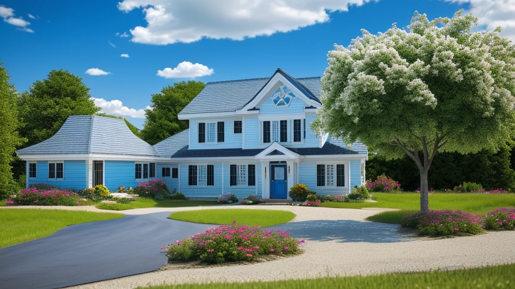 masterpiece scenery landscape two blue snow mountains sun in the middle blue sky white clouds flying birds meadow small house single big tree beside the house ricefield across the house asphalt road in the middle flowers bushes trees