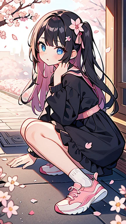 one girl,black long hair,blue eyes,black cherry blossom dress,white socks,pink sneakers,cherry petal hairpin