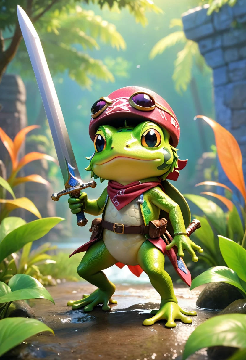 Esbian all over、Cool Frog、Pop Frog、Diorama、Simple Background、bandana、Holding a big sword in his hand、Brave、Best Quality, Capture the cutest moments, Depth of written boundary, Super detailed, Ultra-high resolution, Octadale, 8k, 16km race