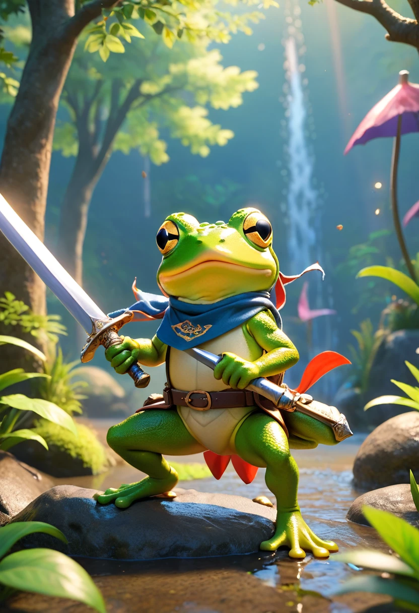 Esbian all over、Cool Frog、Pop Frog、Diorama、Simple Background、bandana、Holding a big sword in his hand、Brave、Best Quality, Capture the cutest moments, Depth of written boundary, Super detailed, Ultra-high resolution, Octadale, 8k, 16km race