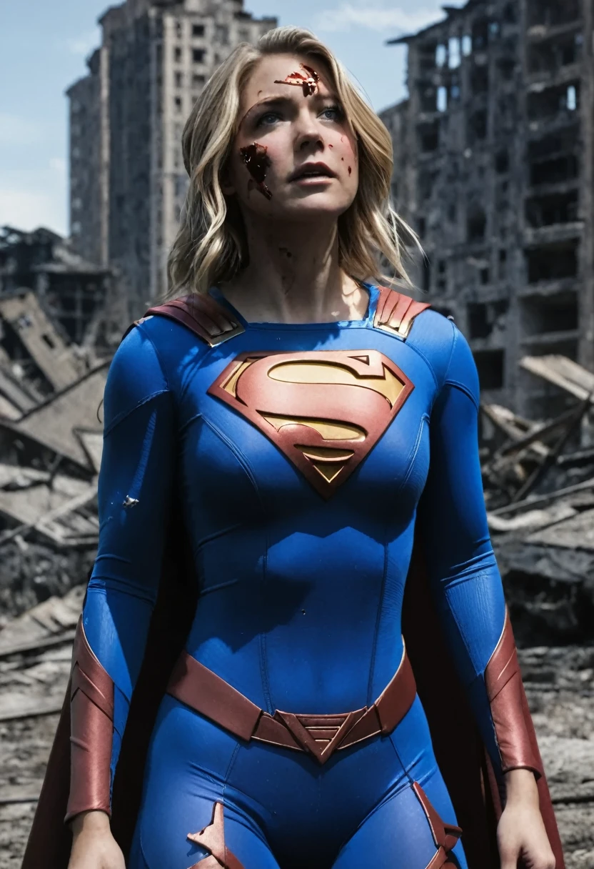 1girl, supergirl  laying on her back, highest quality, masterpiece, supergirl bodysuit, ((Torn costume)), laying, electrocuted, electric shock, electric overloaded, shocked face, wounds on body, bleeding breast, rolled eyes, blue suit, Superman logo on chest, ((bruises on body)), scars on body, wounds on body, injury face and body, a devastated world, ruins, abandoned building, ((roasted over fire：1.2))