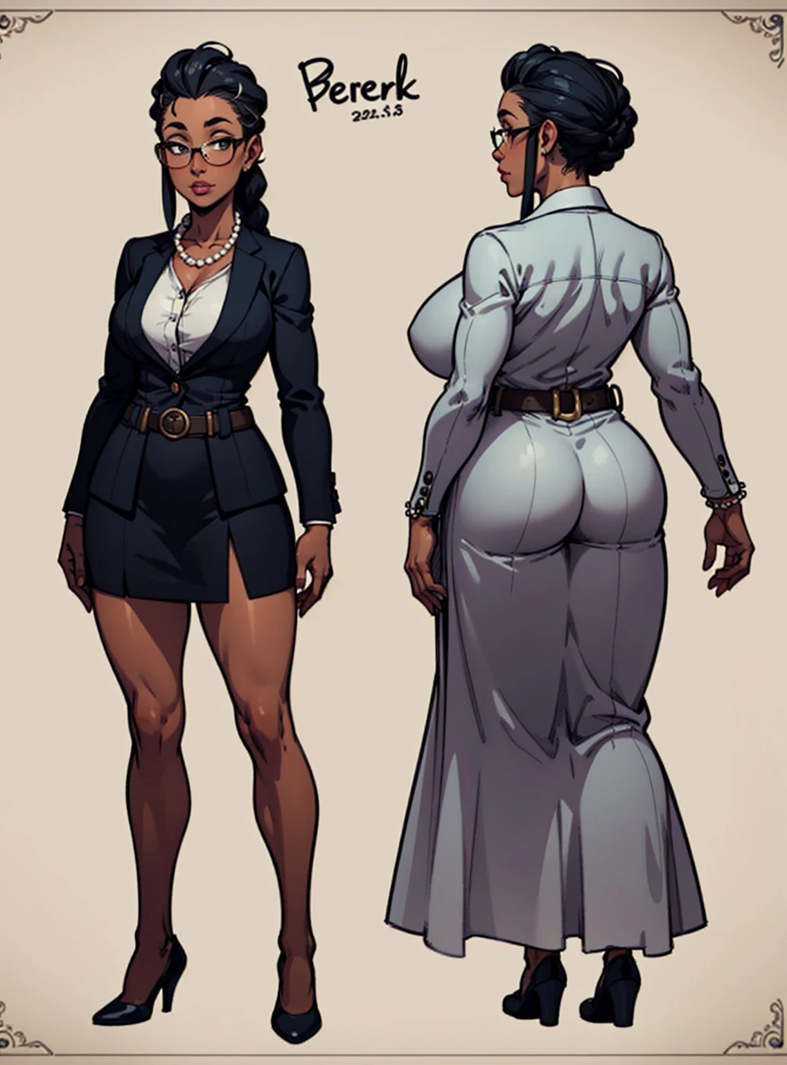 digital art, highly detailed, reference sheet, standing pose, feminine features, old age, mature woman, adult female, whole body, form-fitting, old woman, wrinkles, glasses, dark skin, neckline, pearl necklace, grey streaks, slicked braid, full lips, full-figured, standing, ash dress suit, pin-stripe, buttoned blazer, wide skirt, belt on hip, hand behind hip, shoes, 1woman, solo, upper body, lower body, ((Extremely Detailed)), ((Best Quality)), ((Masterpiece)), ((4k)).