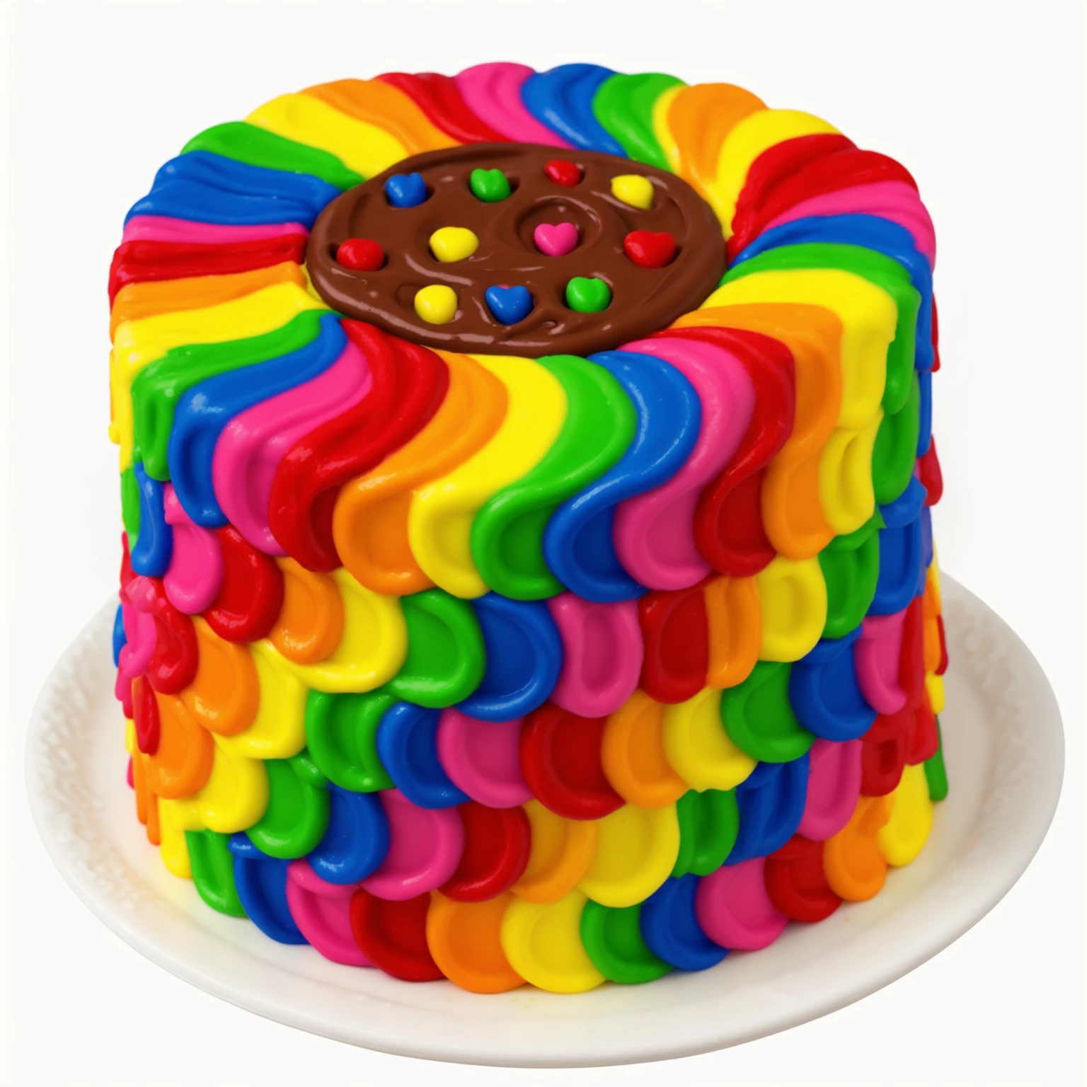 White Plate. rainbow cream cake. smears of cream in a checkerboard pattern, hole with chocolate drips on top, ((cream highlights)), on a white background, Multiple light sources, beautiful sunlight, Bright light source, bright lighting, beautiful light sources, Multiple light sources, Realistic style , realistic texture, detailed texture, A high resolution, high quality, macro photography