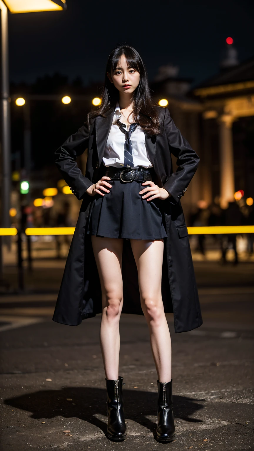 (8K、RAW Photos、Highest quality、masterpiece:1.2)、(Realistic、Realistic)、1 Girl、((Check mini skirt、Long coat、Medium Hair、black、Thin legs、whole body、boots、blackいコート、one piece、tights、Night Park、View from the front、Looking into the camera、belt、Stand with hands on hips))、cute