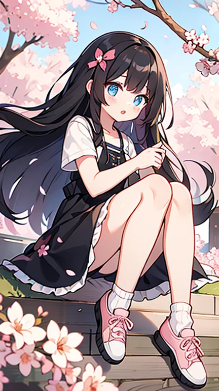 one girl,black long hair,blue eyes,black cherry blossom dress,white socks,pink sneakers,cherry petal hairpin