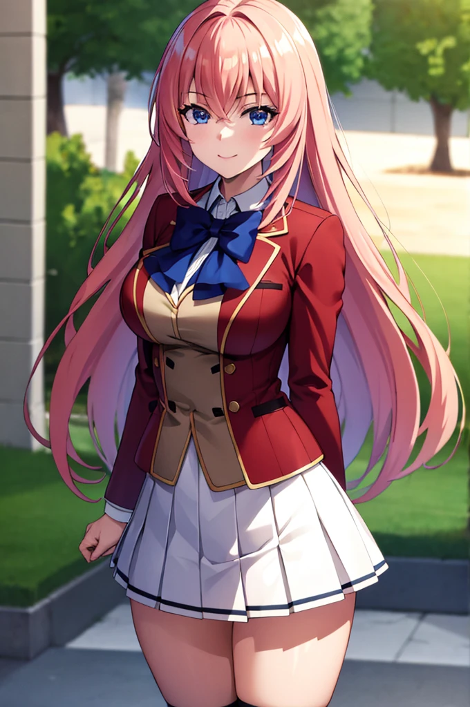 (masterpiece:1.3), (best quality:1.1), (8k, ultra detailed, ultra high res:1.2), ((anime style)), perfect 5 fingers, perfect anatomy, 
1girl,
Ichinose honami \(youjitsu\),
long hair, 
pink hair, 
blue eyes, round eyes, tareme, 
blue bow, 
(large breasts:0.9), 
red jacket, long sleeves, white skirt, pleated skirt, black calf socks, 
looking at viewer, 
cowboy shot, 
BREAK smile, (arm behind back:1.1), 
BREAK standing, perfect light, outside, outdoors, school gate, 