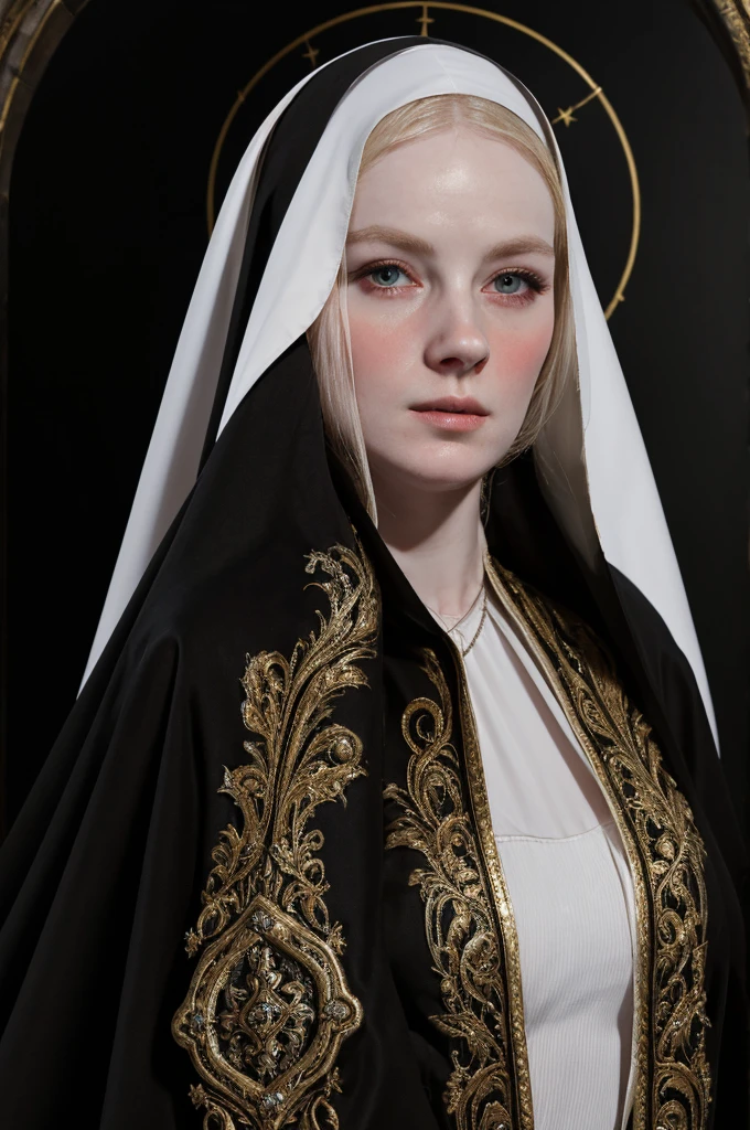 a blonde woman dress and a black -nun-veil, in a high renaissance style, dark portrait , baroque portrait, in a renaissance style, realistic renaissance portrait,, inspired by Jean-Étienne Liotard, in renaissance style, renaissance portrait, porcelain pale skin, baroque hair, black background, simple background, blur