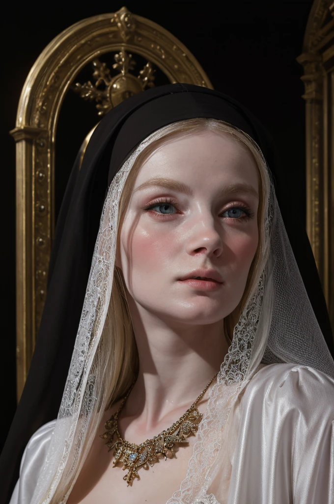 a blonde woman dress and a black -nun-veil, in a high renaissance style, dark portrait , baroque portrait, in a renaissance style, realistic renaissance portrait,, inspired by Jean-Étienne Liotard, in renaissance style, renaissance portrait, porcelain pale skin, baroque hair, black background, simple background, blur
