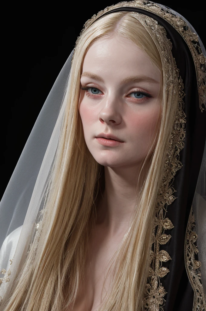a blonde woman dress and a black -nun-veil, in a high renaissance style, dark portrait , baroque portrait, in a renaissance style, realistic renaissance portrait,, inspired by Jean-Étienne Liotard, in renaissance style, renaissance portrait, porcelain pale skin, baroque hair, black background, simple background, blur