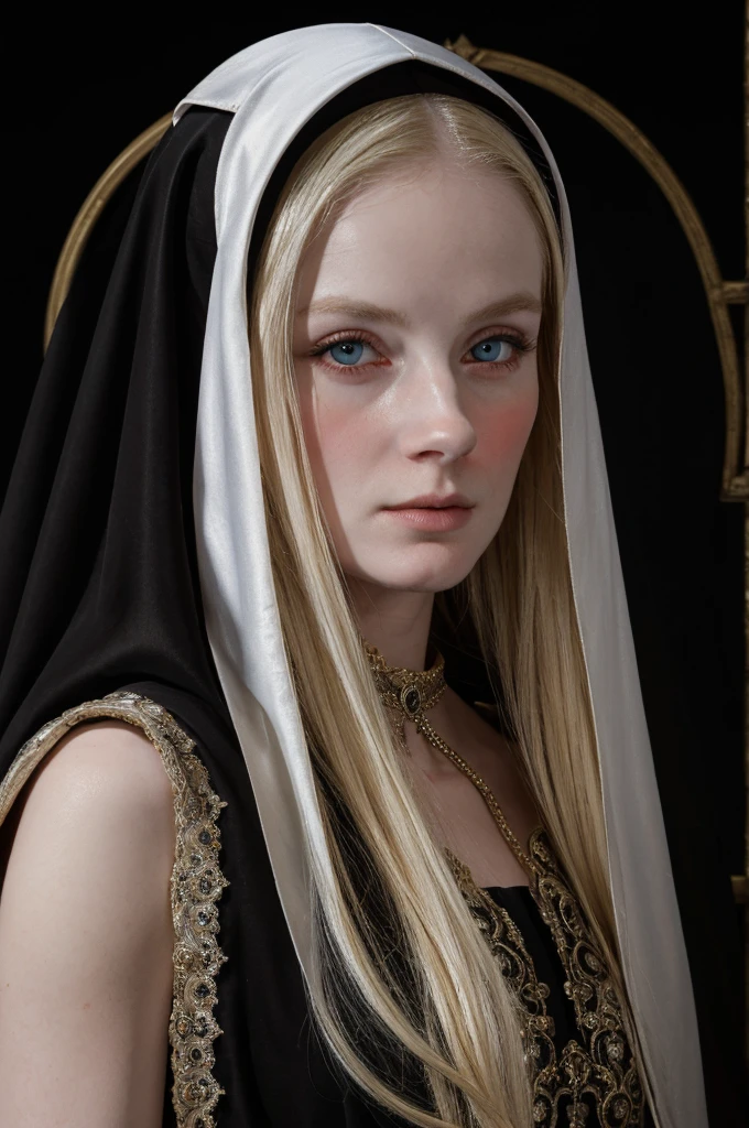 a blonde woman dress and a black -nun-veil, in a high renaissance style, dark portrait , baroque portrait, in a renaissance style, realistic renaissance portrait,, inspired by Jean-Étienne Liotard, in renaissance style, renaissance portrait, porcelain pale skin, baroque hair, black background, simple background, blur