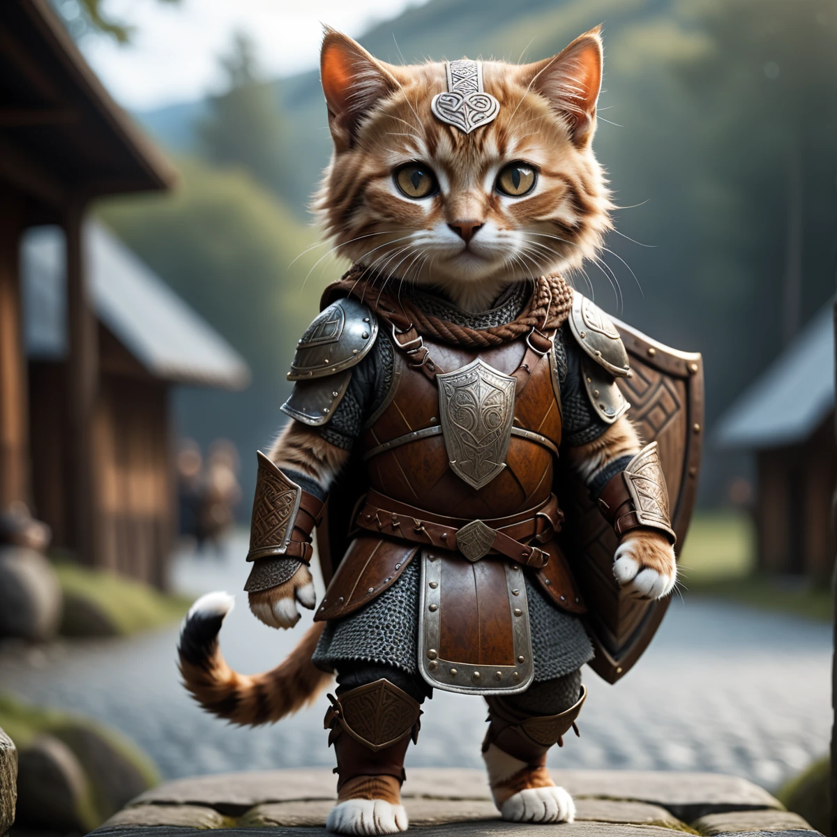 Movie Movie Still Winning Photo Cute Cat, rust, amazing, Viking Knotwork, Wearing armor and shield, whole body . Shallow depth of field, Vignette, Very detailed, High budget, Bokeh . Shallow depth of field, Vignette, Very detailed, High budget, Bokeh, CinemaScope, Sulky, amazing, nice, Film Grain, granular