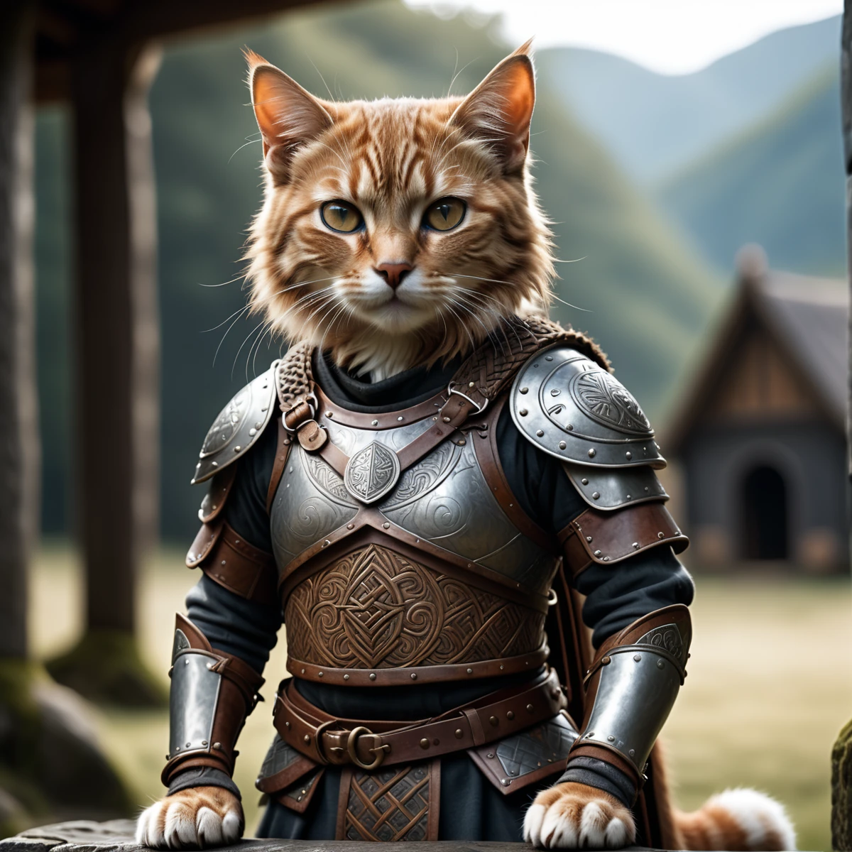 Movie Movie Still Winning Photo Cute Cat, rust, amazing, Viking Knotwork, Wearing armor and shield, whole body . Shallow depth of field, Vignette, Very detailed, High budget, Bokeh . Shallow depth of field, Vignette, Very detailed, High budget, Bokeh, CinemaScope, Sulky, amazing, nice, Film Grain, granular