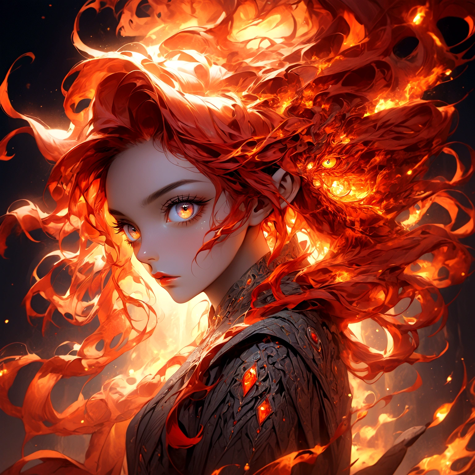 masterpiece, best quality, 1girl, solo, red hair, fiery hair, white eyes, extremely detailed eyes and face, beautiful detailed lips, longeyelashes, long pointy ears, fantasy portrait, dramatic lighting, glowing, dramatic pose, mystical, ethereal, dramatic colors, warm color palette