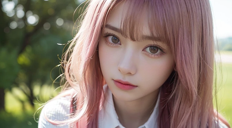 (Long Hair, bangs, Pink Hair:1.2),(Wear a cardigan over a collared shirt:1.2),1 girl,Japanese,21 years old,(Small breasts:1.3),(Highest quality,masterpiece:1.3,超A high resolution,),(Ultra-detailed,Caustics),(Photorealistic:1.4,RAW shooting,)Ultra-Realistic Capture,Very detailed,High resolution 16K human skin close-up。 Natural skin texture、,Pores、、It needs to be detailed enough to be easily identifiable。 Skin should be even-toned and healthy looking。 Use natural light and colour, Sad expression, Looking at the camera, Perfect dynamic composition, Outdoor