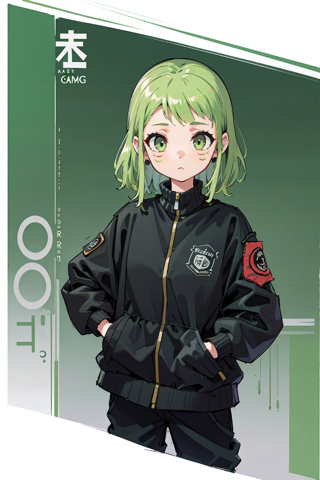 (masterpiece: 1.2, best quality), (1 lady, solo, upper body: 1.2),Detailed face, Black and white,, a girl in a black jacket and green Cargo pants standing, wearing Cargo pants, a green colored bomber jacket, Cargo pants , wearing dark green bomber jacket, black bomber jacket, black rugged clothing, cropped shirt with jacket, black pants, wearing a turtleneck and jacket, a girl wearing a black jacket, bomber jacket, black and green, white and black color scheme ((modern clothes)) Looking at the viewer, looking at the camera,,Magazine cover,a close up of a poster