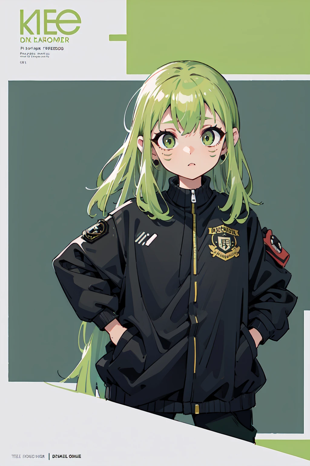 (masterpiece: 1.2, best quality), (1 lady, solo, upper body: 1.2),Detailed face, Black and white,, a girl in a black jacket and green Cargo pants standing, wearing Cargo pants, a green colored bomber jacket, Cargo pants , wearing dark green bomber jacket, black bomber jacket, black rugged clothing, cropped shirt with jacket, black pants, wearing a turtleneck and jacket, a girl wearing a black jacket, bomber jacket, black and green, white and black color scheme ((modern clothes)) Looking at the viewer, looking at the camera,,Magazine cover,a close up of a poster